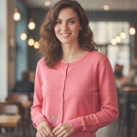 Sunburst Button Up Top Wmn's Sz M Pink Long Sleeve Soft Knit Embellished Cotton - Picture 3 of 9